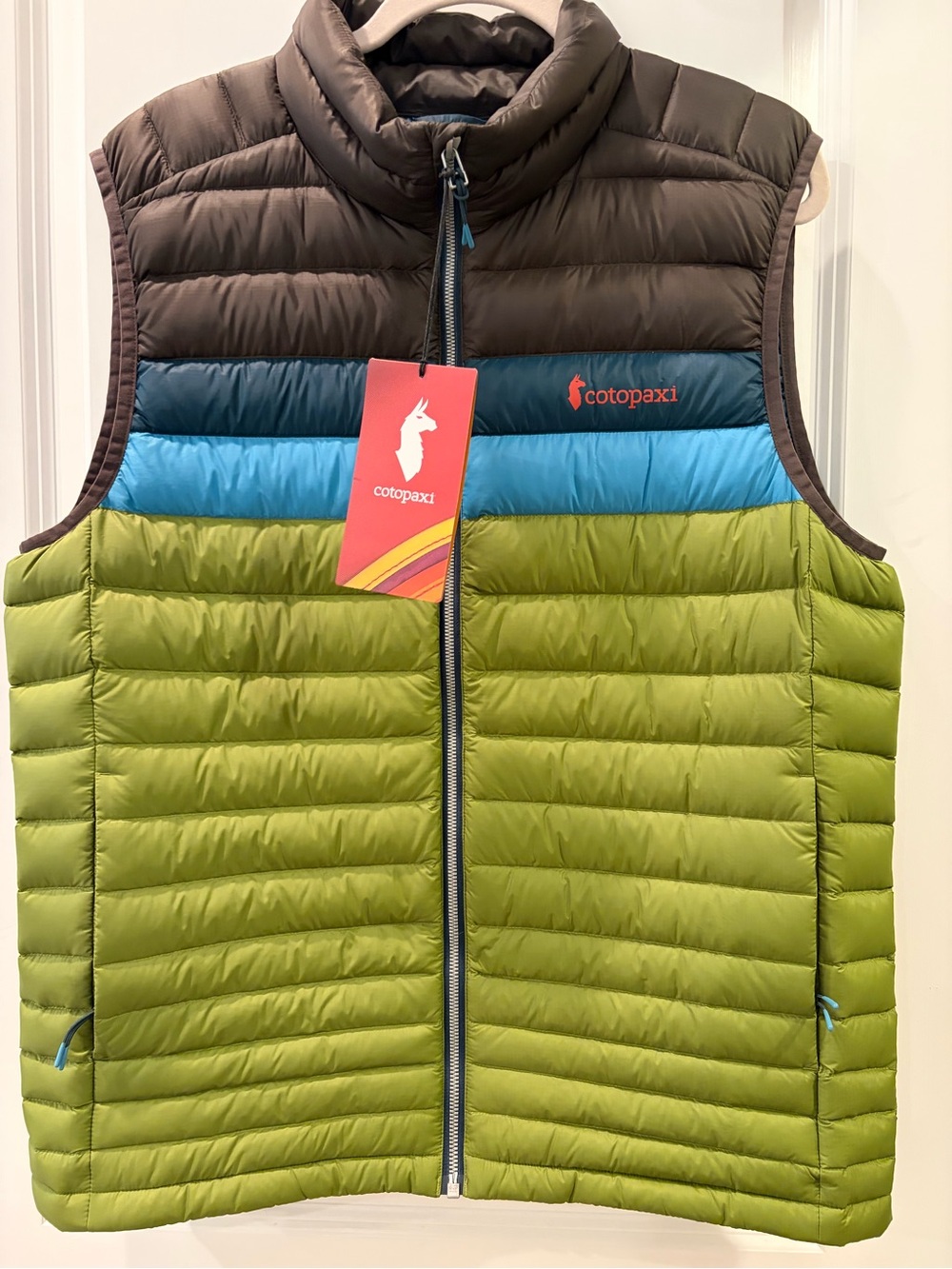 cotopaxi Olive Green, Teal & Chocolate Brown Men's Packable Puffer Vest